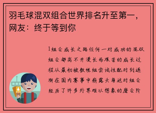 羽毛球混双组合世界排名升至第一，网友：终于等到你